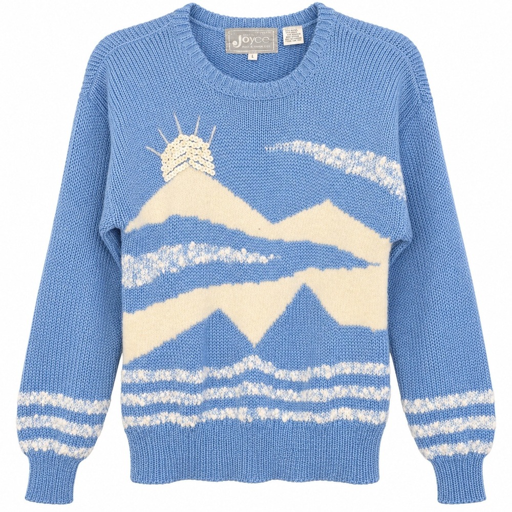 Joyce Mountain Landscape Sweater Womens L Blue Vintage Sequin Knit Good